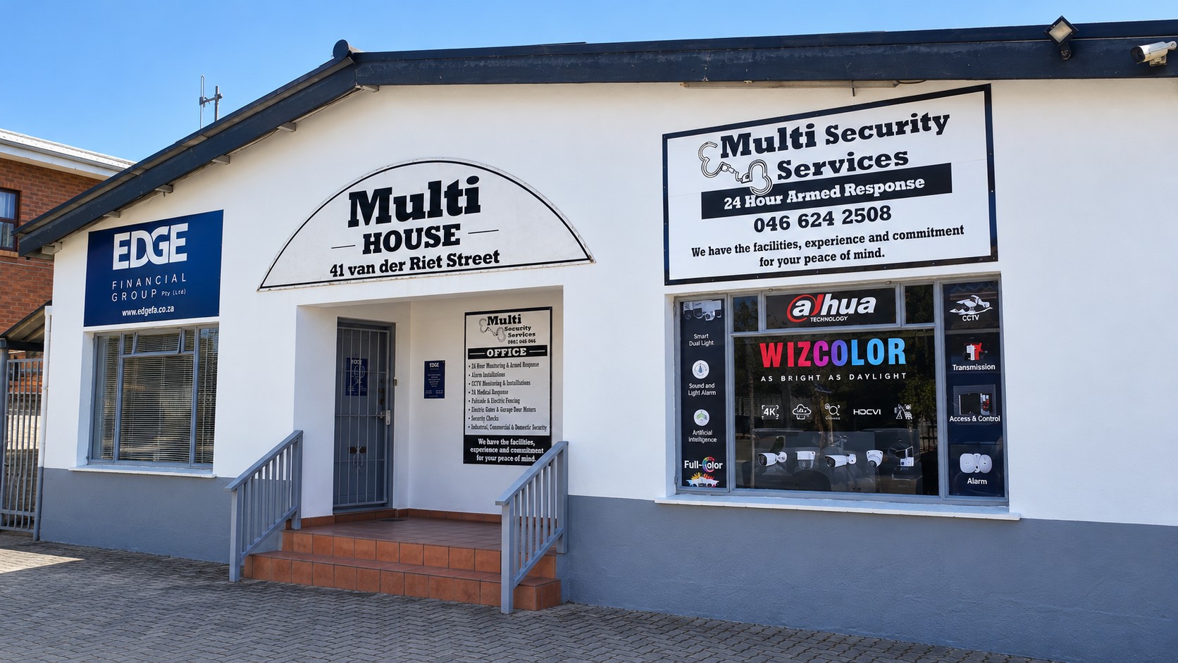 Multi Security office entrance at 41 van der Riet Street, Port Alfred